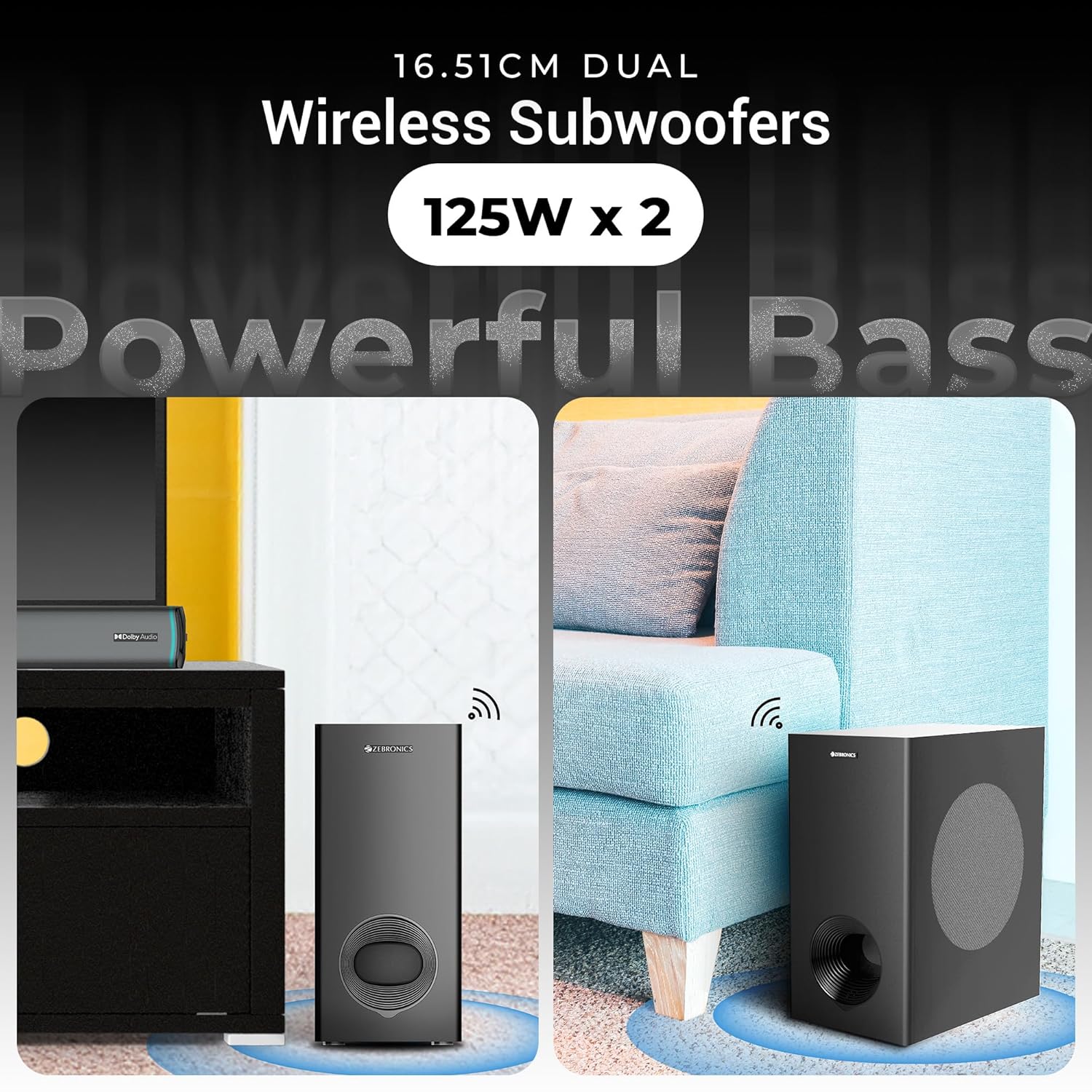 ZEBRONICS Juke bar 9550 pro 5.2 Soundbar (625 Watts), Dolby Audio, Dual Wireless Subwoofer & Satellite, BT v5.3, HDMI ARC, Optical, Powerful Bass, RGB LED Lights, Wall Mountable - View 9