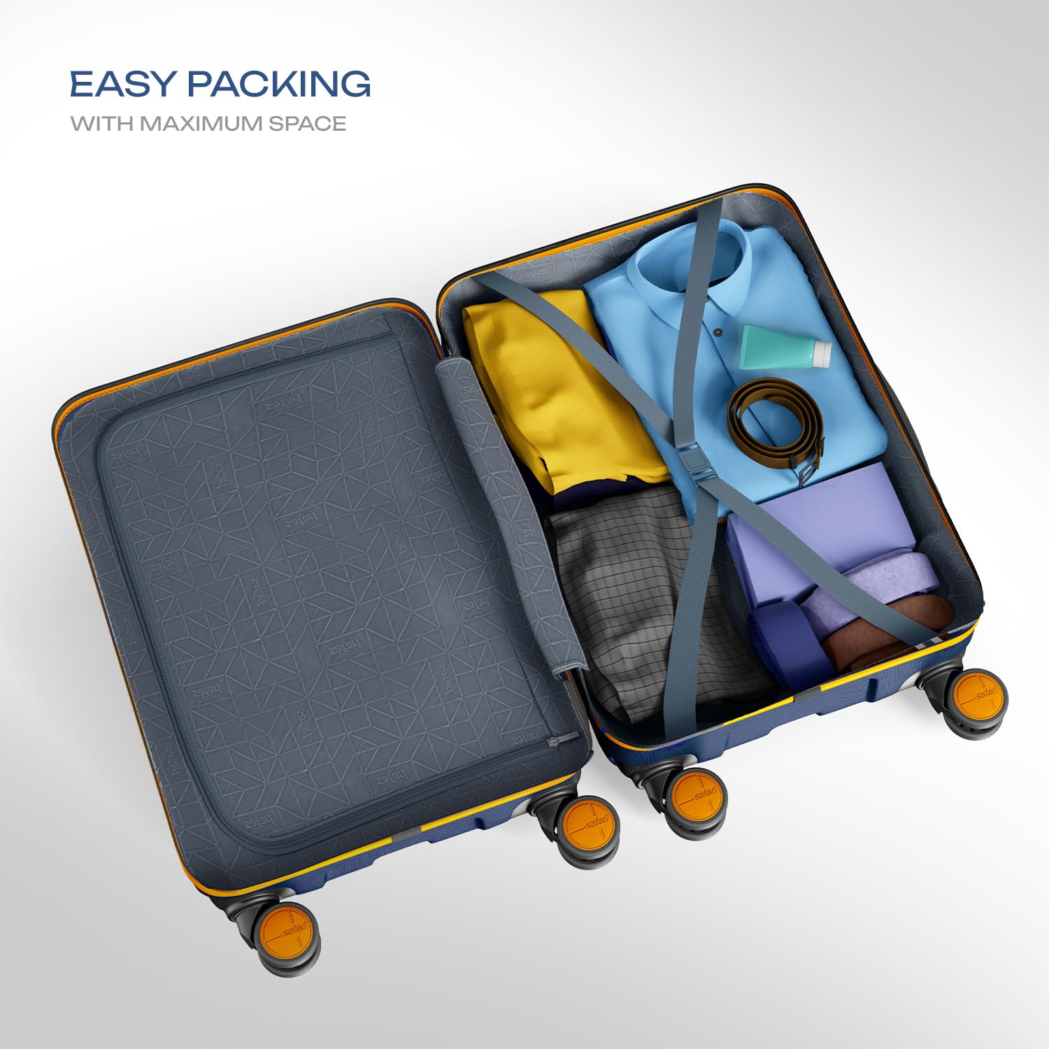 Safari Thorium Neo 8 Wheels 55,66 and 77 Cm Small,Medium and Large 4 Wheel Inline 3 Trolley Bags Polycarbonate 360 Degree Wheeling System Luggage,4 Wheel Inline Trolley Bags,Graphite Blue - View 4