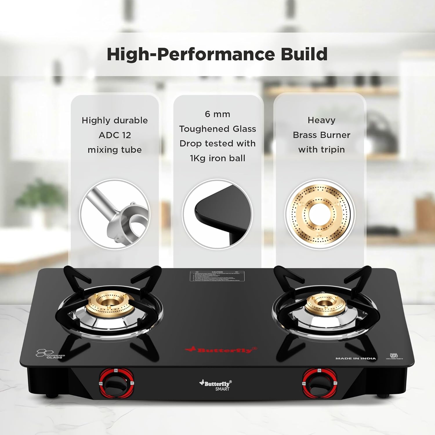 Butterfly Smart 2 Burner Glass Top Gas Stove | Manual Ignition | Scratch Resistant Toughened Glass | Brass Burners | Skid-proof Legs | 1 Year Manufacturer's Warranty | Black - View 4