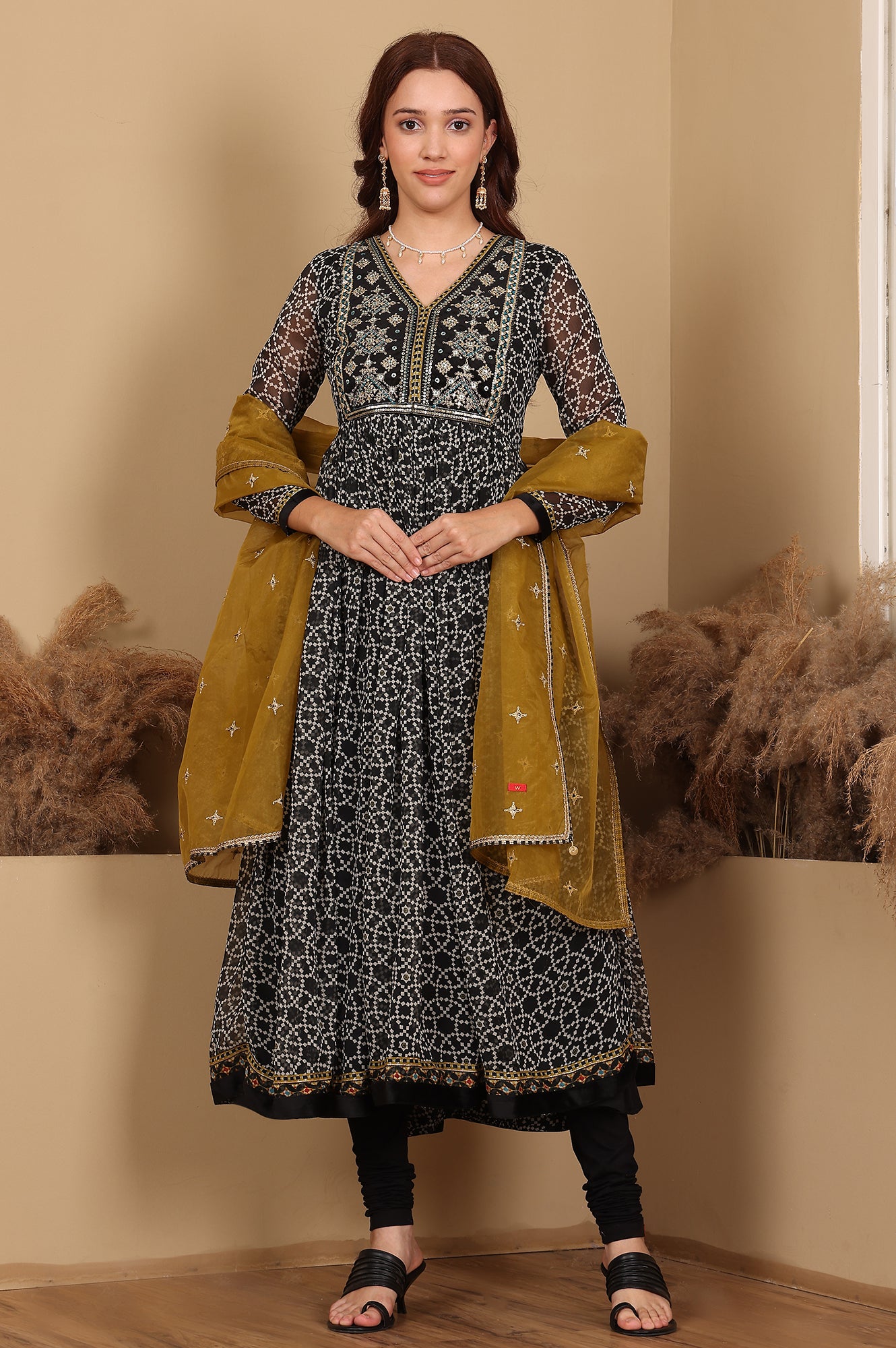 Black Printed Gathered Chiffon Kurta With Embroidery, Churidar And Dupatta Set - View 5