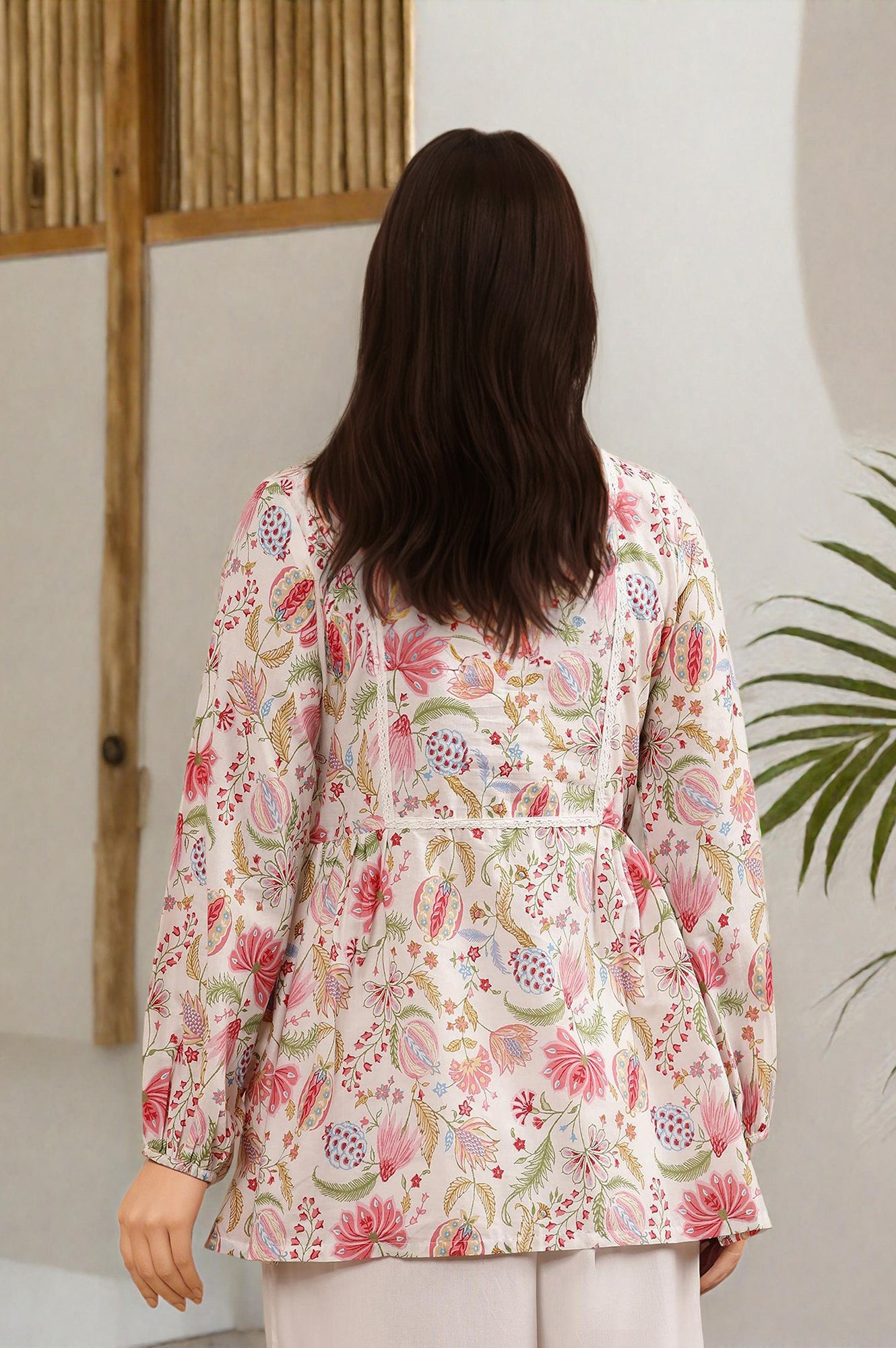 White Floral Printed Pure Cotton Top And Parallel Pants Set - View 9