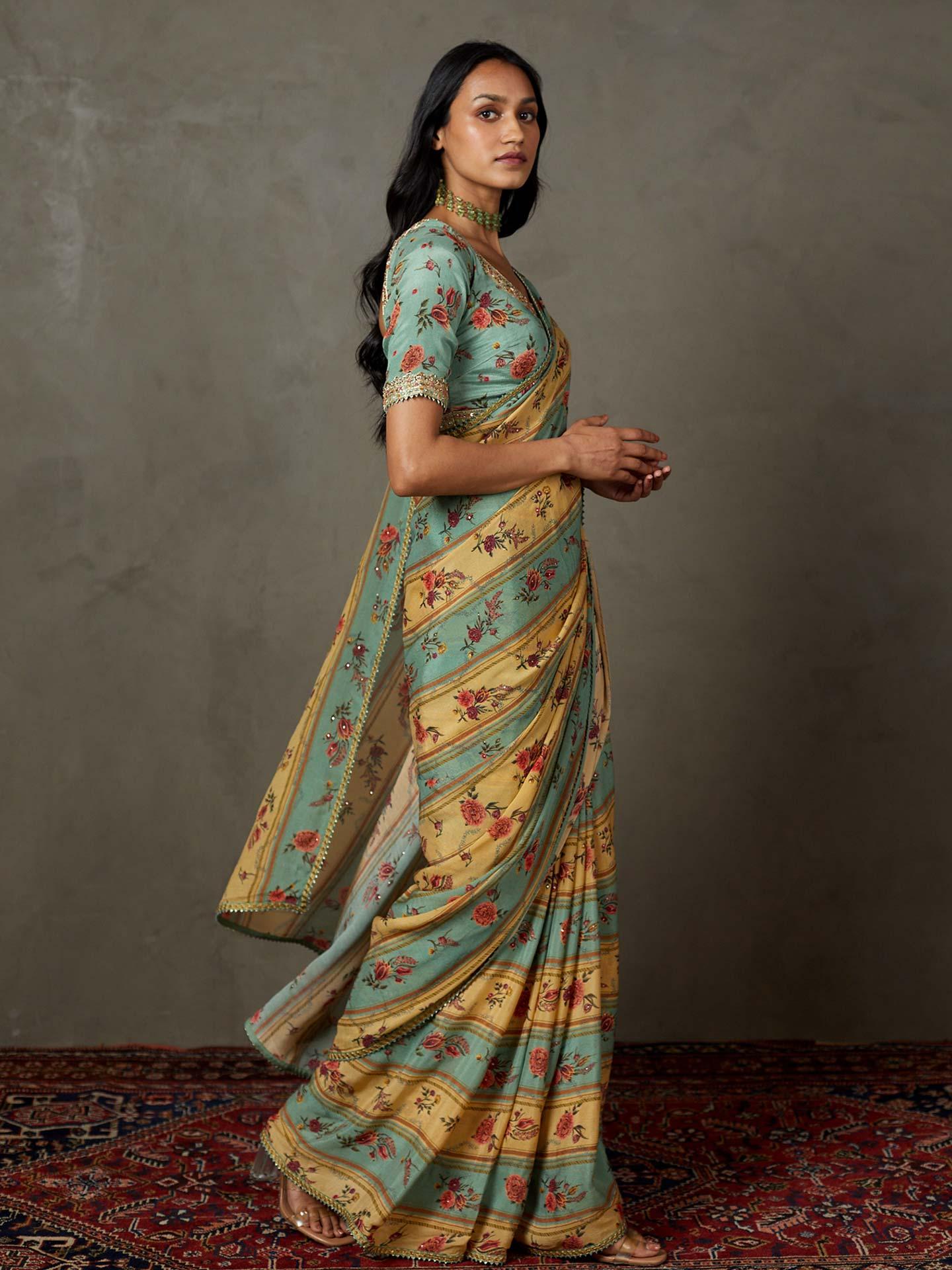 Light Teal Dahlia Saree With Unstitched Blouse - View 5
