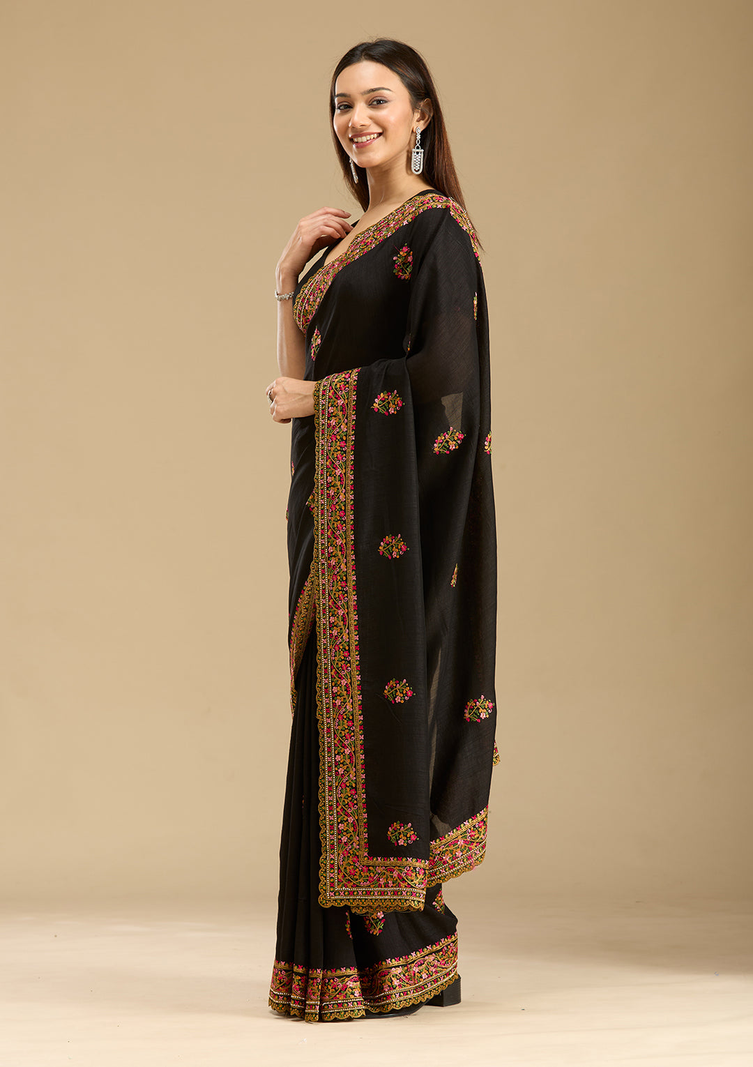 Black Kashmiri Soft Raw Silk Saree - View 2