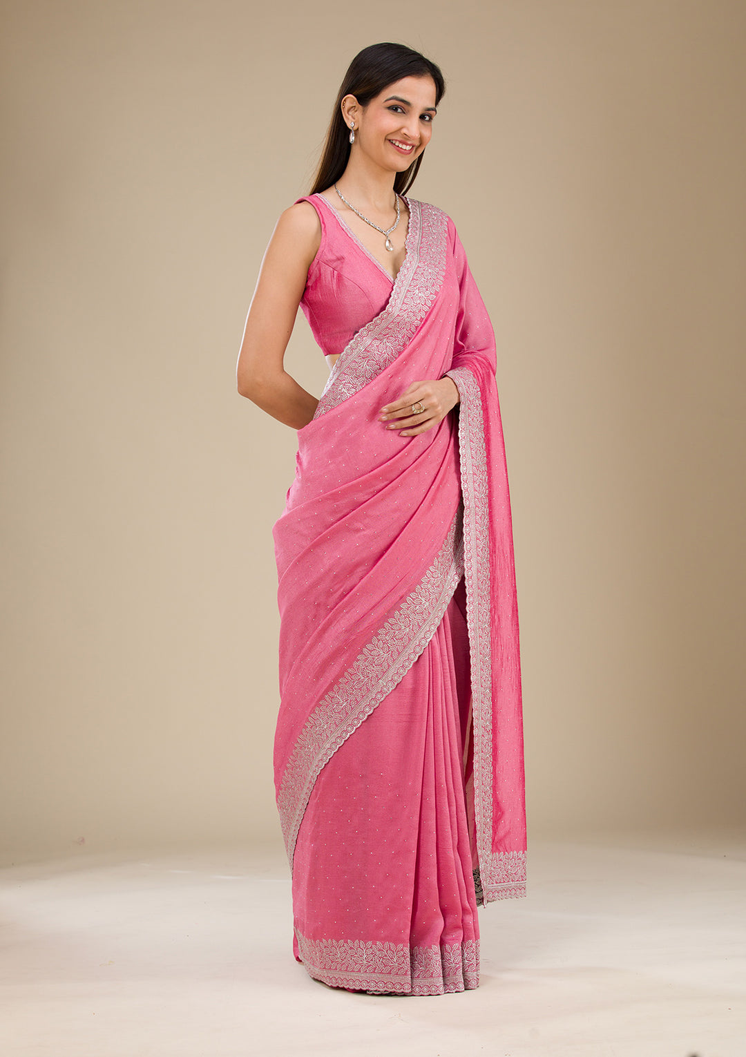 Onion Pink Zariwork Soft Silk Saree - View 3