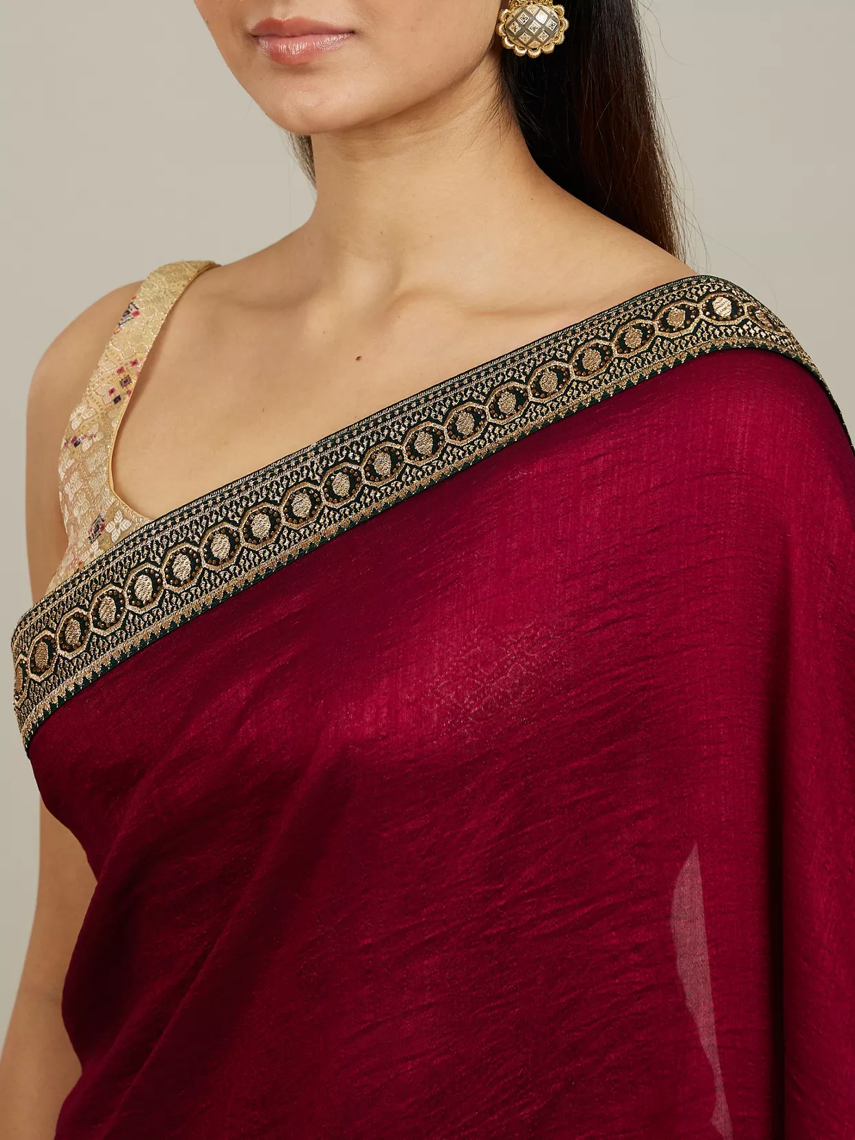 Rose Red Embroidered Border Saree - View 2