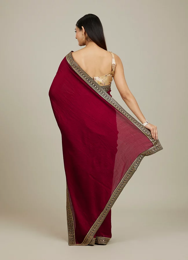 Rose Red Embroidered Border Saree - View 3