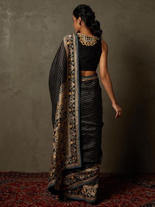 Black & Beige Noni Saree With Stitched Blouse - View 3