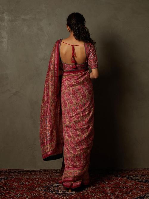 Pink & Beige Shereen Saree With Unstitched Blouse - View 3