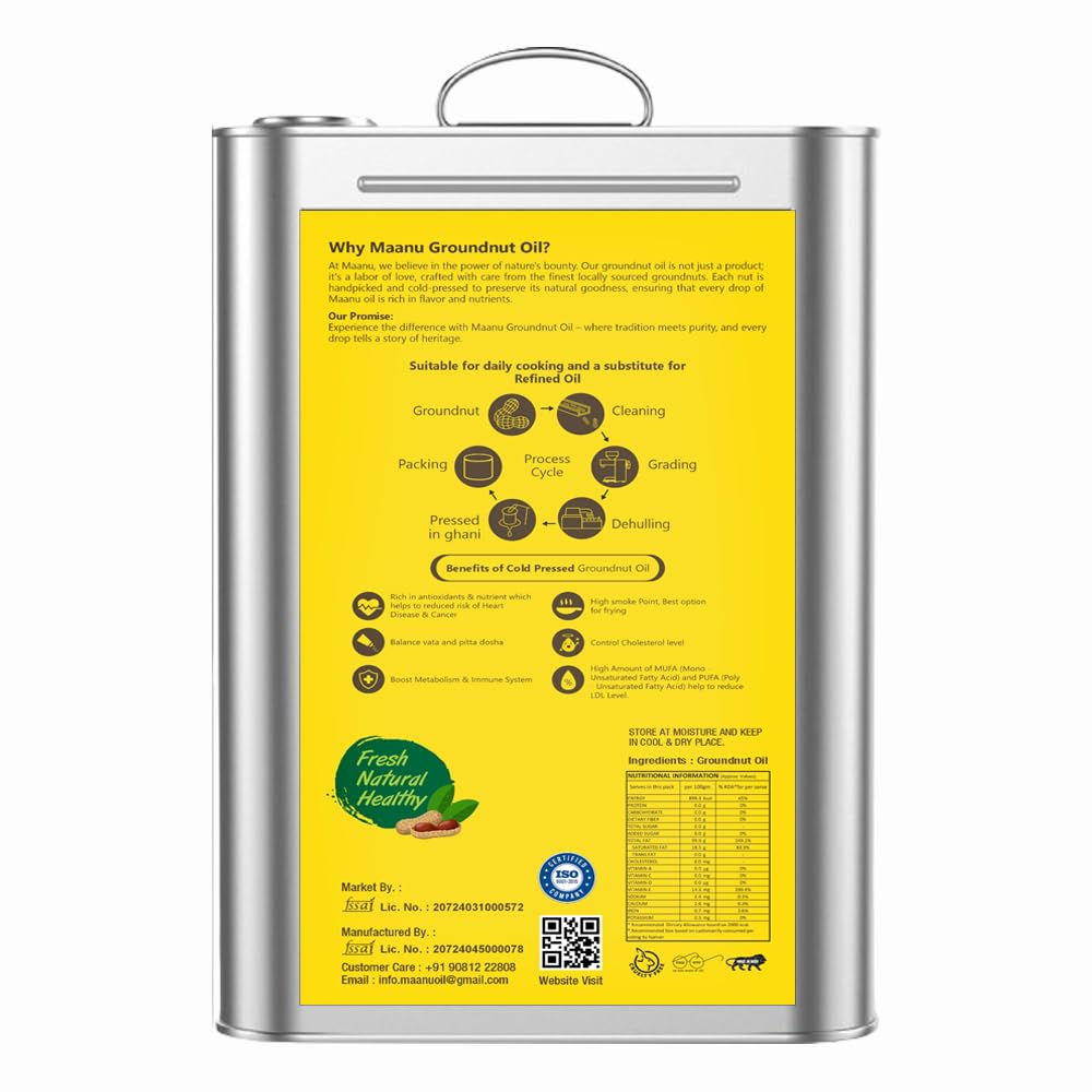15 Kg | Tin Can | Maanu Cold Pressed Groundnut Peanuts Oil 15 Kg | Tin Can | Kolhu/Kacchi Ghani/Chekku/Ganuga | Peanut Oil | Natural | Chemical-Free | Cold Pressed Groundnut Oil for Cooking
