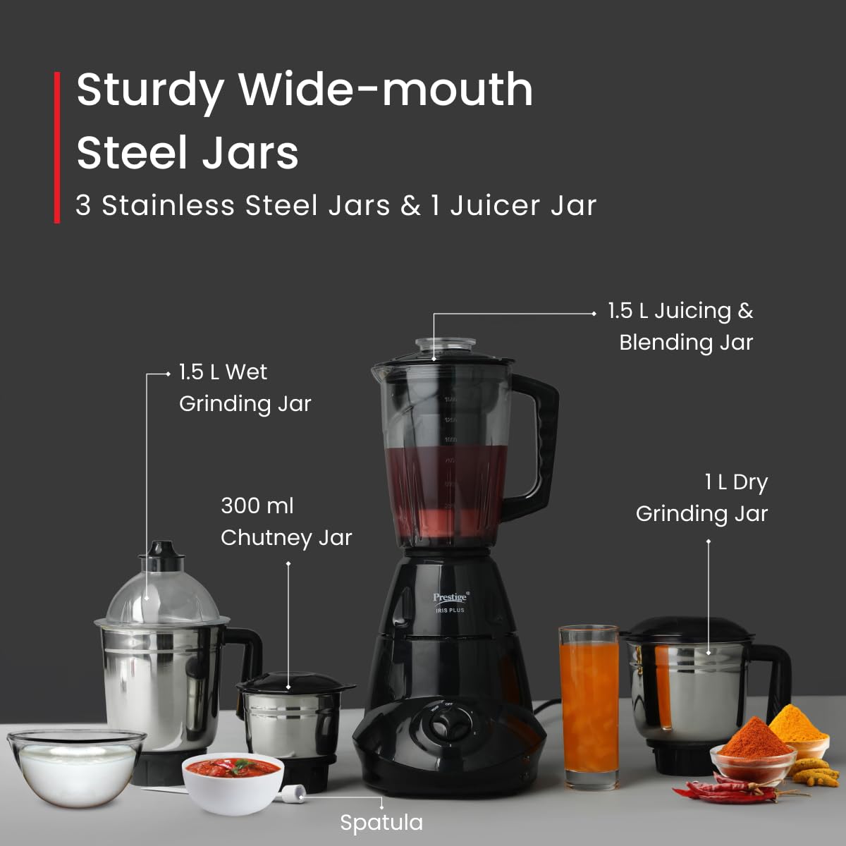 Prestige 750 Watts Iris Plus Mixer Grinder With 4 Jars (3 Stainless Steel Jars 1 Juicer Jar)| 4 Super Efficient Stainless Blades| - View 5