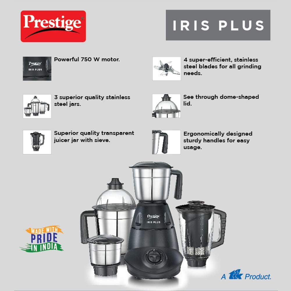 Prestige 750 Watts Iris Plus Mixer Grinder With 4 Jars (3 Stainless Steel Jars 1 Juicer Jar)| 4 Super Efficient Stainless Blades| - View 6