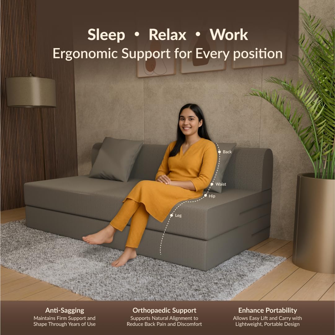 SleepyHug FoldPRO Sofa-Cum-Bed | 3-in-1 Convertible Sofa, Lounger & Bed | TouchSense Technology | HR Foam | Lightweight | 3-Seater | Double Bed | Without Pillow | Grey, 1-Year Warranty - View 3