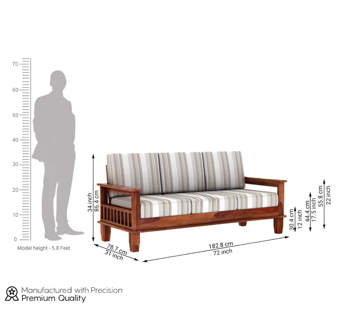 RATANDHARA FURNITURE Solid sheesham Wood Wooden 3 Seater Sofa for Living Room - Sofa with Cousins seat - Sitting Pretty 3-Seater Couch Design 2 (Honey Finish) - View 3