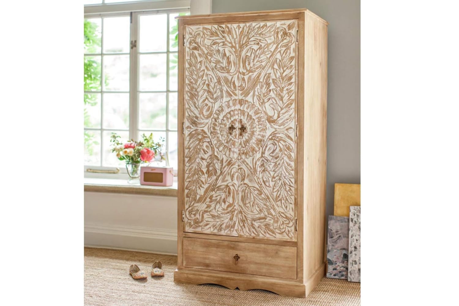 The Attic Jodhpur Carving Wardrobe|Solid Wood Multiple Utility Storage| Clothes Organizer|Wardrobe for Clothes Wooden, almirah for Clothes Wooden|Natural  White Matte Finish