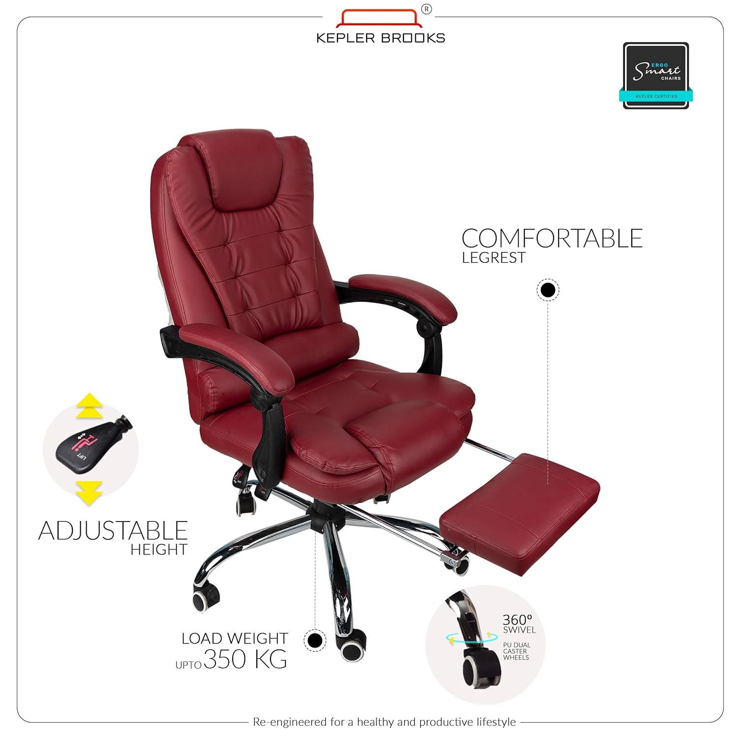 Premium Leatherette Office Chair for Work | 3-Years Warranty | Boss Chair for Office, Ergonomic Executive Chair, Cushioned Arms & Seat, Leg Rest, Heavy Duty Metal Base (Burgundy) - View 3