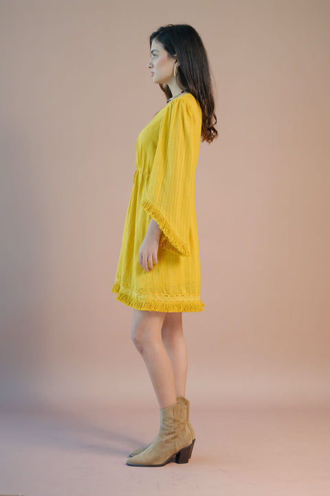 Oshin 100% Cotton Tie-Up Waist Bell Sleeve Dress - View 3