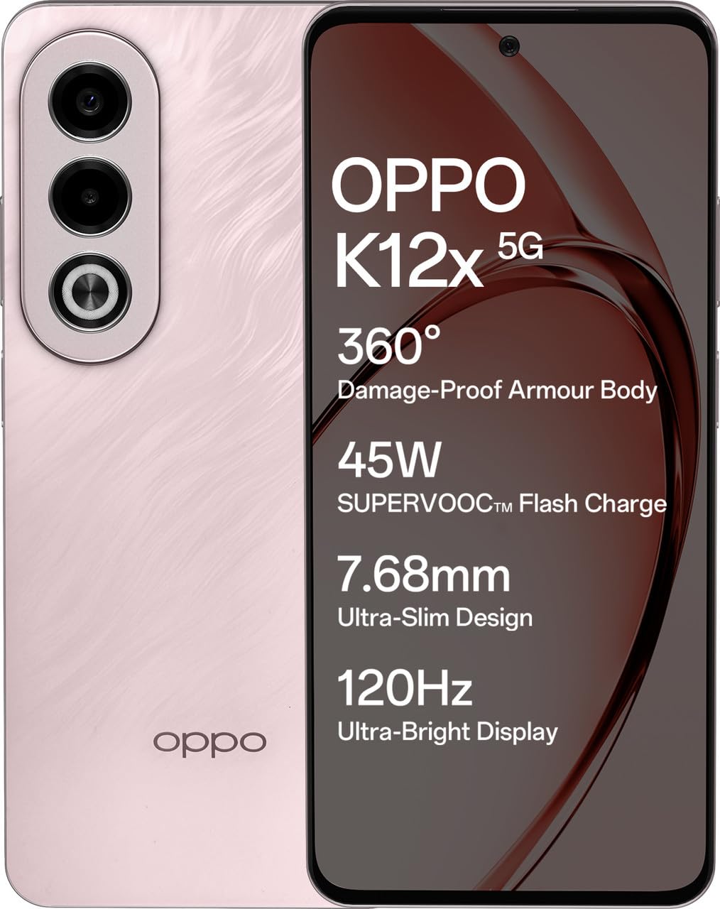 Oppo K12x 5G Smartphone (8GB RAM  256GB Storage) | 16.94cm LCD Display, 5100mAh Battery | 45W SUPERVOOC Flash Charge | 360? Damage-Proof Armour Body | Charger in The Box (Feather Pink)