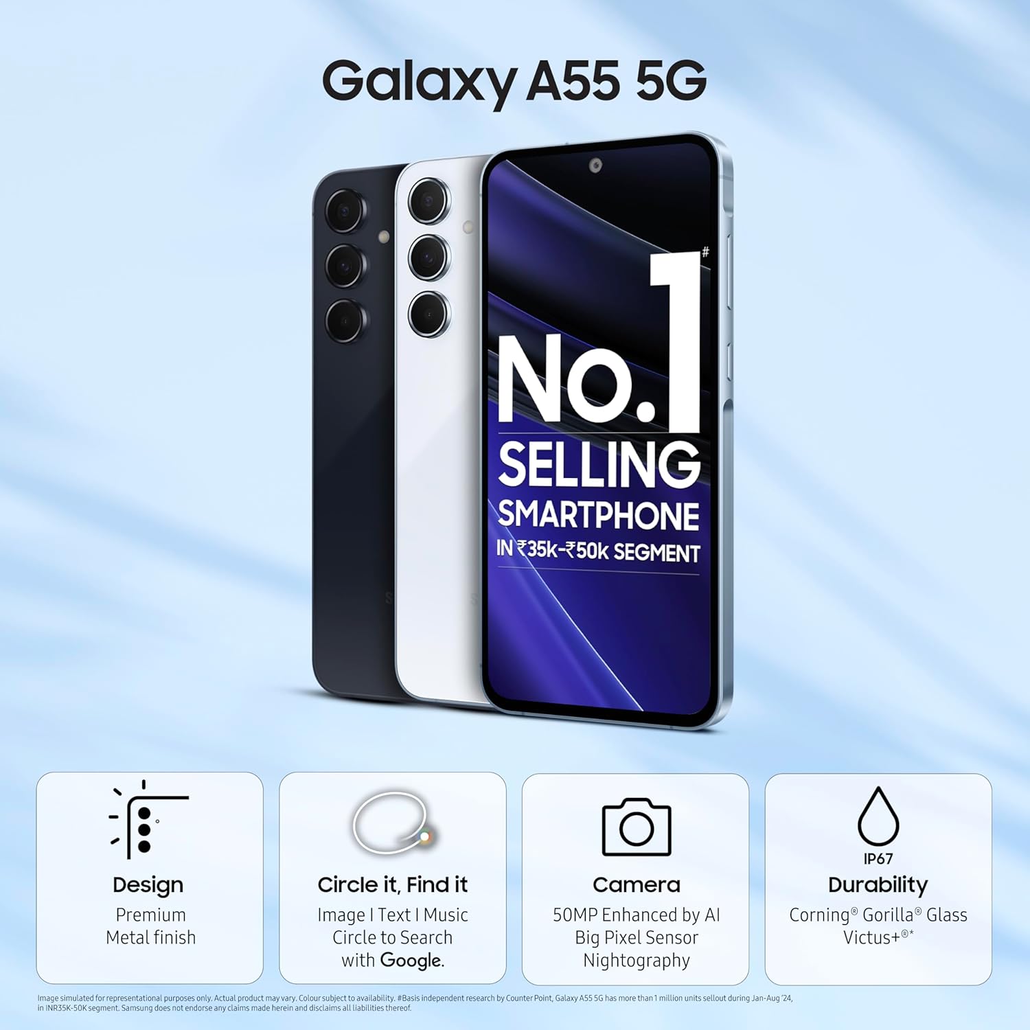 Samsung Galaxy A55 5G (Awesome Iceblue, 8GB RAM, 256GB Storage) | AI | Metal Frame | 50 MP Main Camera (OIS) | Super HDR Video| Nightography | IP67 | Corning Gorilla Glass Victus | sAMOLED Display - View 4